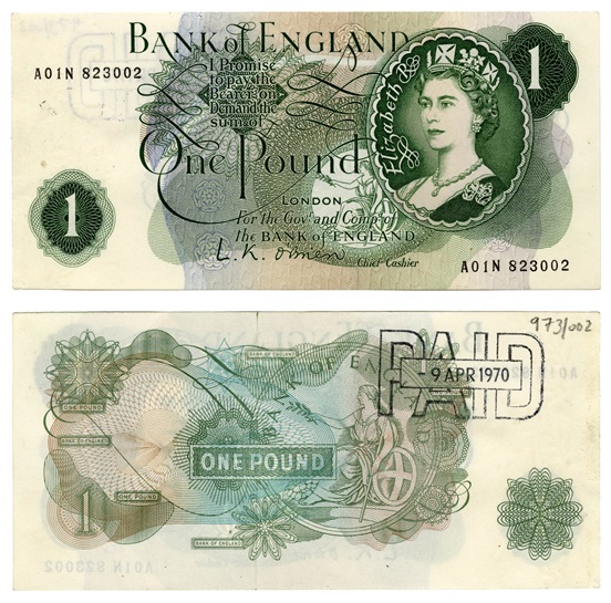 Front and back design of 1970 £1 note featuring HM Queen Elizabeth II
