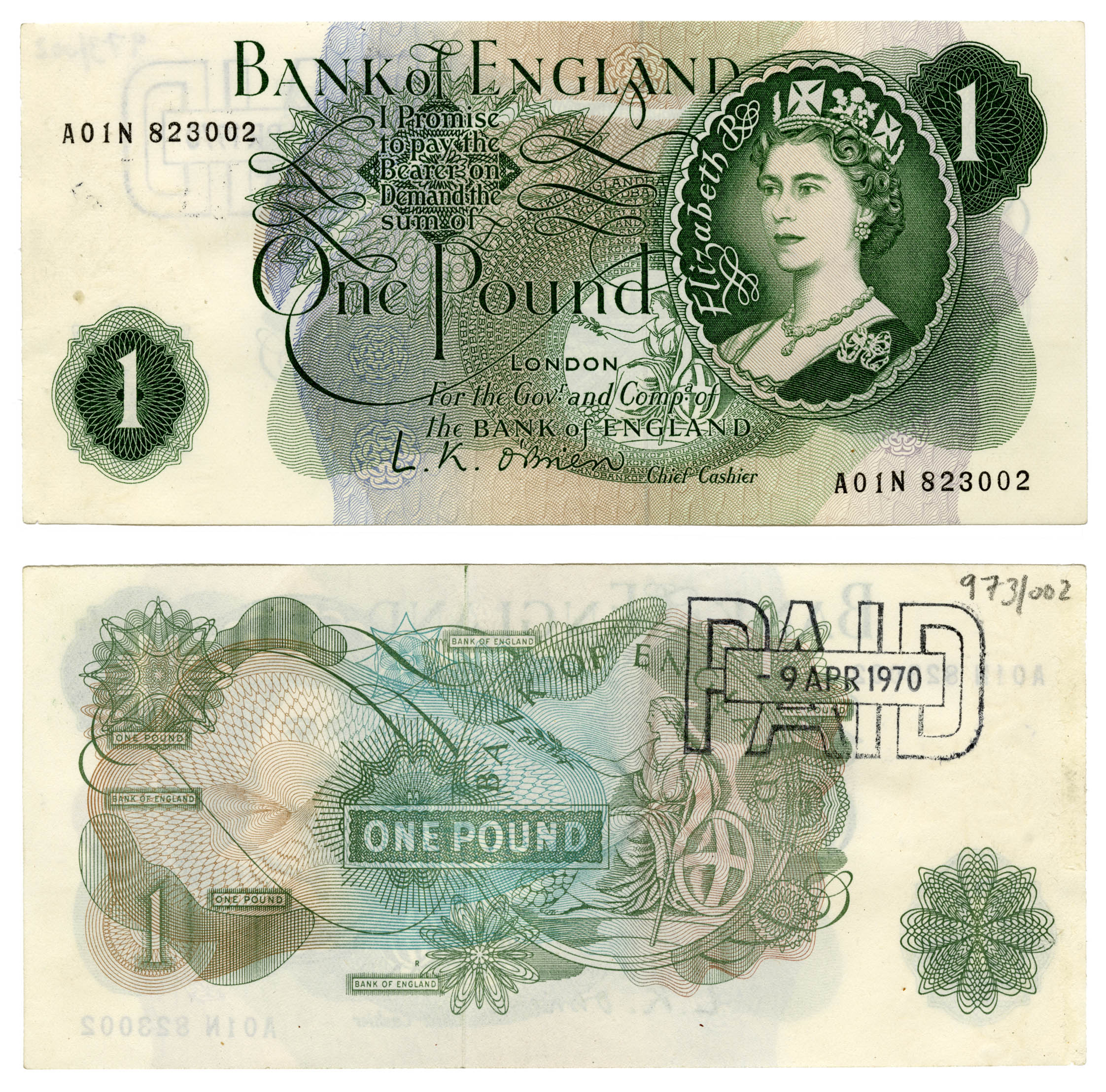 Front and back design of 1970 £1 note featuring Queen Elizabeth II