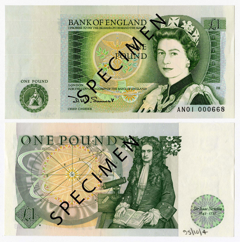 £1 banknote (Series D) showing Isaac Newton, from about 1978-88